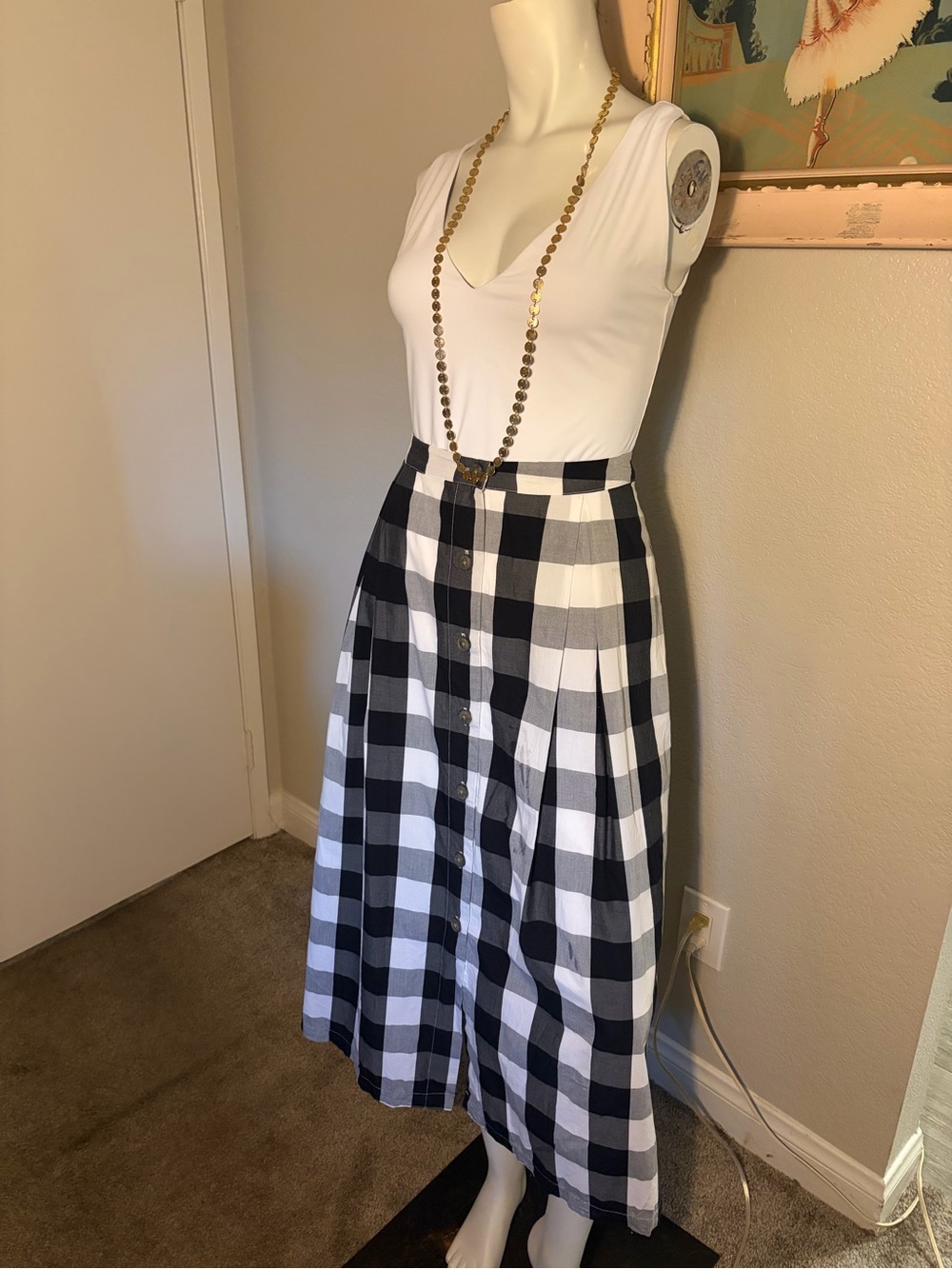 Who What Wear Black and White Gingham Midi Skirt